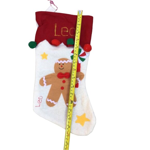 RED/WHITE GINGERBREAD MAN CHRISTMAS STOCKING "LEO" EMBELLISHED ON TOP SIZE-16" - Picture 2 of 4